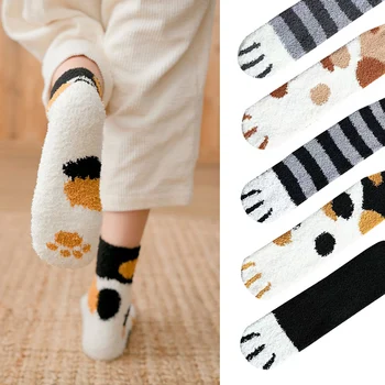 

Autumn and Winter Cat Claws 1 Pair of Plush Coral Fleece Socks Cute Thick Warm Sleeping Floor Sleep Socks Female Tube Socks