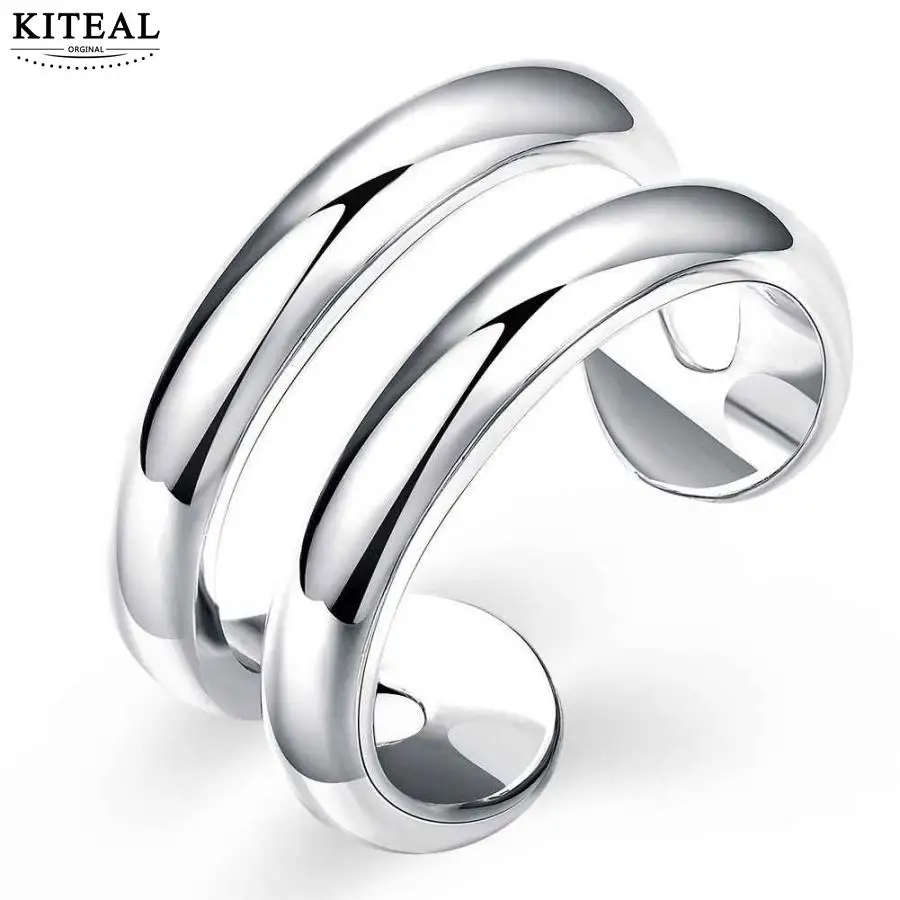 

Fashion jewellery charms silver plated CC shape rings for women Two wire line opening ring anel masculino wedding