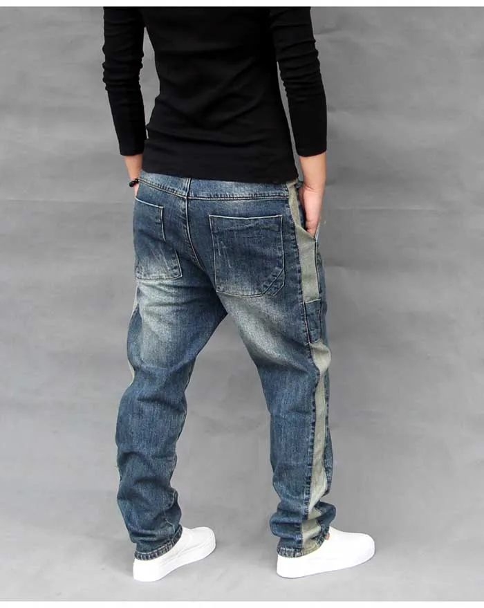 Корейские модные эластичные джинсы-шаровары с боковой полосой, мужские повседневные Свободные мешковатые джинсы с заниженным шаговым швом, штаны для бега, брюки в стиле хип-хоп, одежда