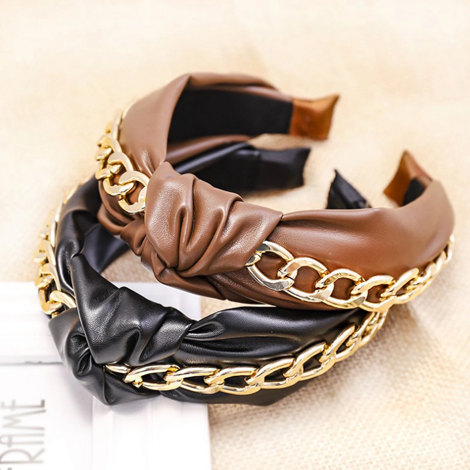 New Fashion Autumn Winter Hairband Women Casual PU Headband Shining Alloy Hair Band Wide Side Turban Adult Hair Accessories