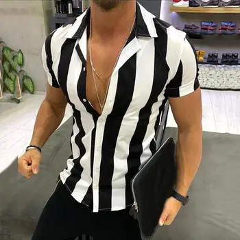 

2020 Hot Casual Men's Shirt Turn Down Collar Short Sleeve Vertical Stripes Button Slim Shirt casual top Blouse Men