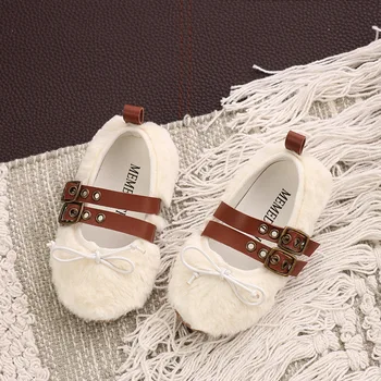 

Kids Furry Shoes Hasp Solid Color Winter Home Shoes Bow Flat Heel Plush Lining Slip on Loafers Nice Quality White Shoes Princess