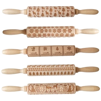 

Christmas Deer Wooden Embossing Rolling Pin Baking Cookies Noodle Biscuit Fondant Cake Dough Patterned Roller Snowflake