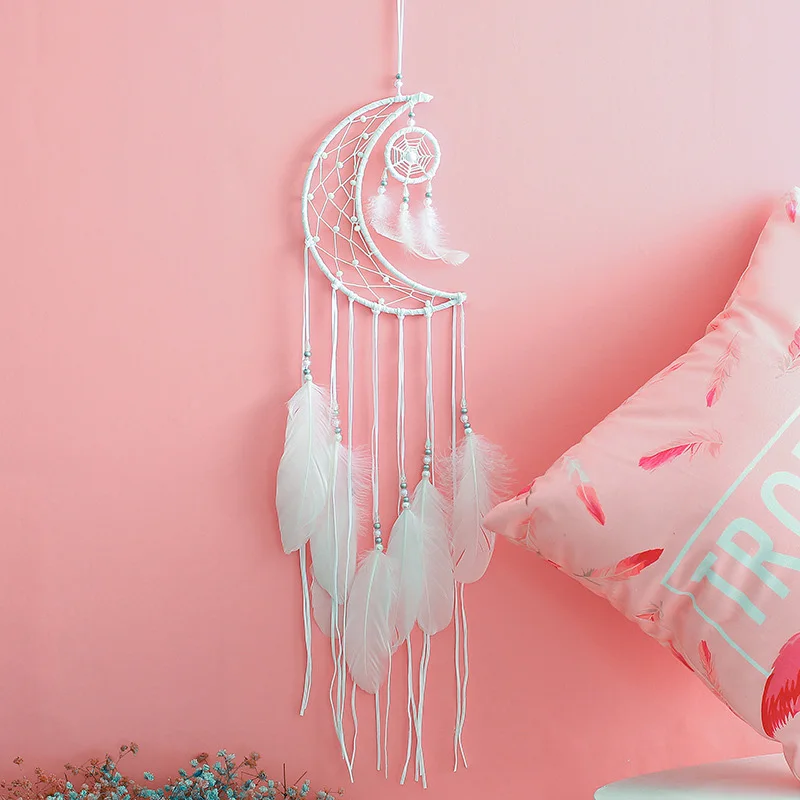 

Moon Shape Feather Cotton Wood Dream Catcher Net Hanging Fun Fashion Feather Decoration Wall Home Decor Feather Crafts