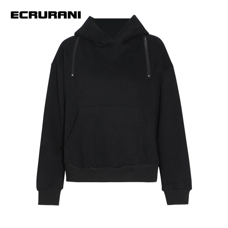 ECRURANI Patchwork Black Casual Sweatshirt For Women Hooded Long Sleeve Loose Solid Pullovers Female Clothing 2021 Fashion Style