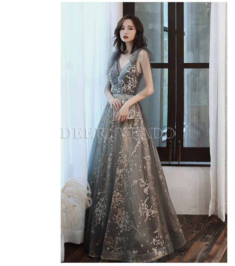 DEERVEADO MFY078 Sexy V Neck Beading Prom Dresses Long 2020 New Arrival Tulle Formal Party Dresses Prom Gown