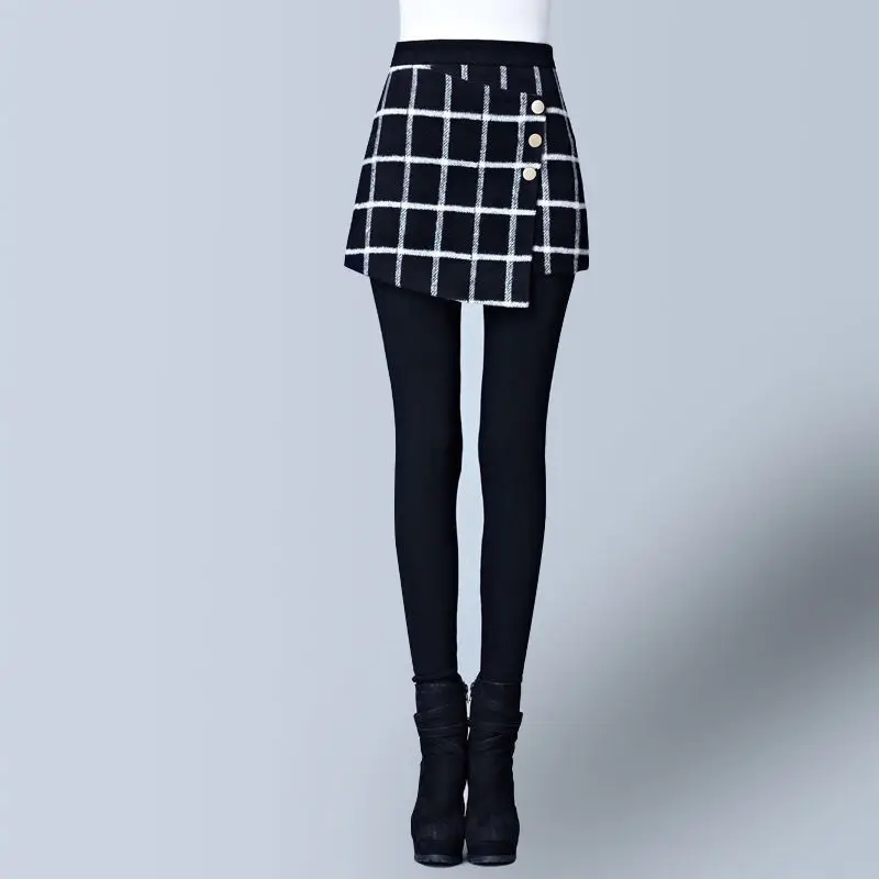 Winter Woman Tartan Skirt Fake Two-Piece Leggings Outer Wear Black Stirrup Trousers Thin High Waist Culottes Fleece Thickening