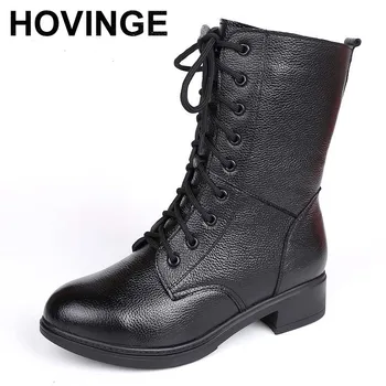 

HOVINGE 2019 Winter Women's Boots Plush Inside Cotton Genuine Leather Black Ankle Boots Lace Up Warm
