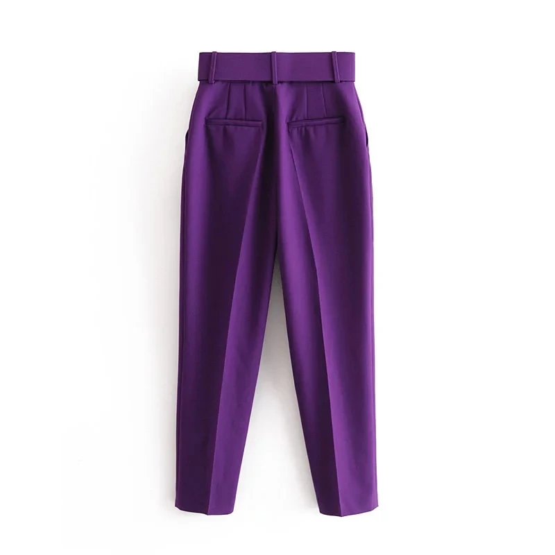 Элегантные черные фиолетовые брюки с поясом, женские брюки Харлан с высокой талией, офисные повседневные брюки с карманами, женские длинные брюки