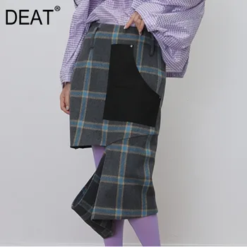 

DEAT 2020 New Spring Hit Color Lattice Irregular Pocket Woolen Skirt Women High Street Temperament Wild Fashion Skirt Tide PD263