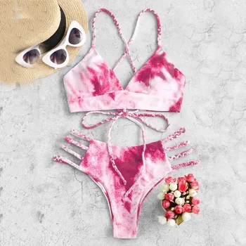 

Women Bikini Swimsuit Swimwear Push Up Bathing Suit Bandeau Pink Bikini Set 2020 Beachwear with Pad Swim Suit Female