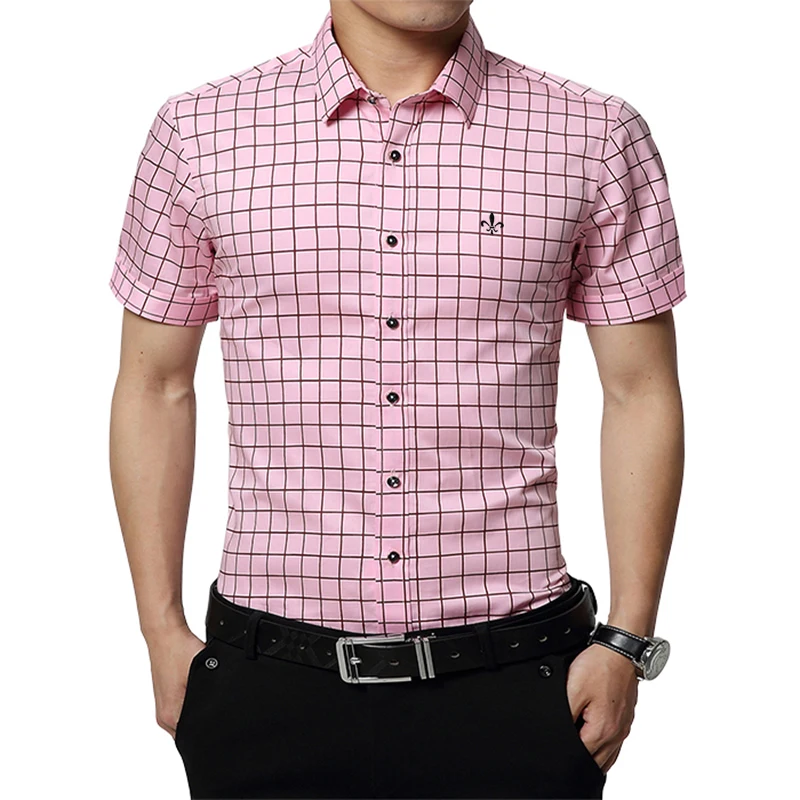 Модная хлопковая блузка клетчатая рубашка мужская Social Dudalina короткий рукав Slim Fit рубашка мужская одежда вышивка Белая мужская холодная - Цвет: DCZ2305-PINK