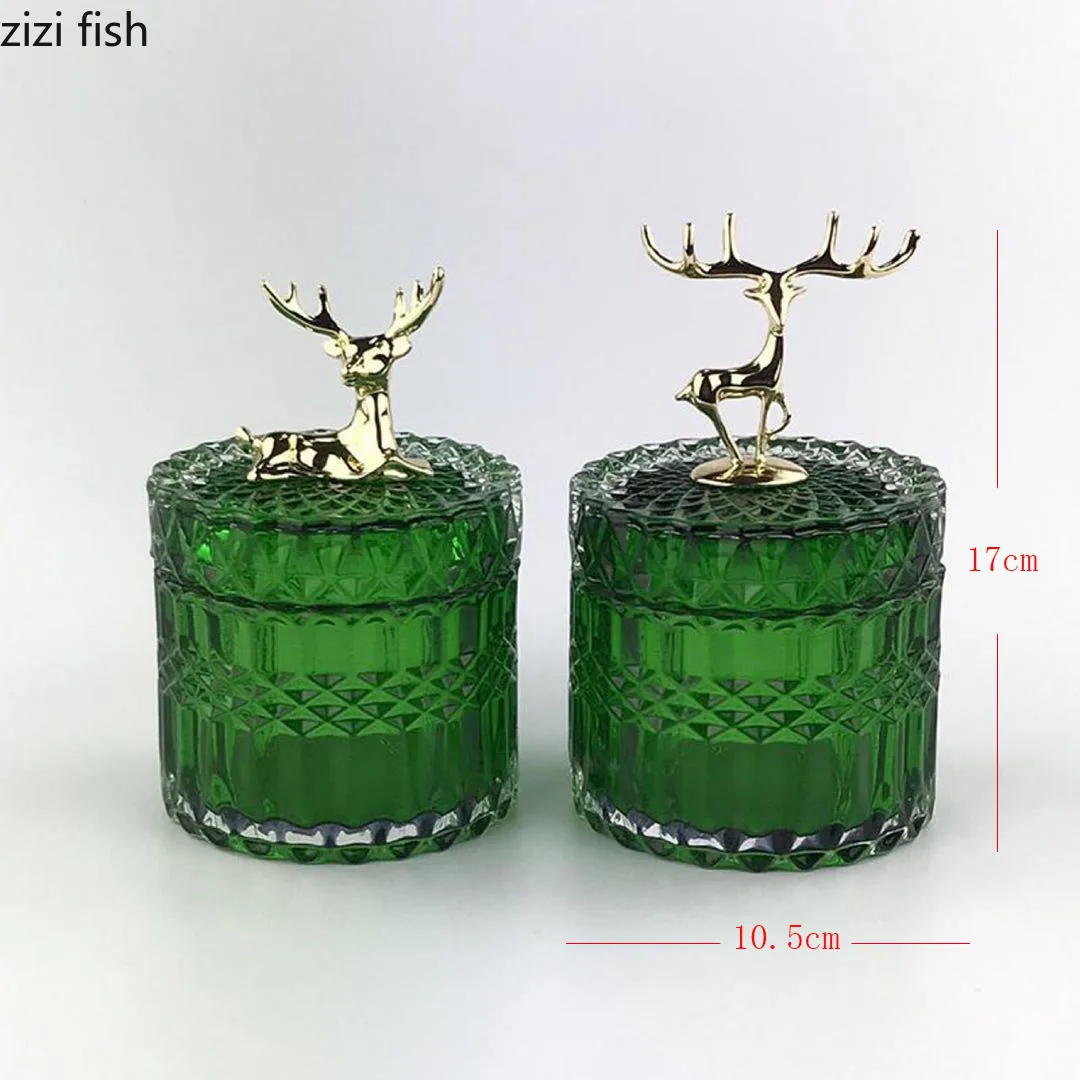Green Glass Storage Jars Tea Canister Candy Pot Golden Deer Decorative Storage Jar with Cover Transparent Spice Organizer Box 4