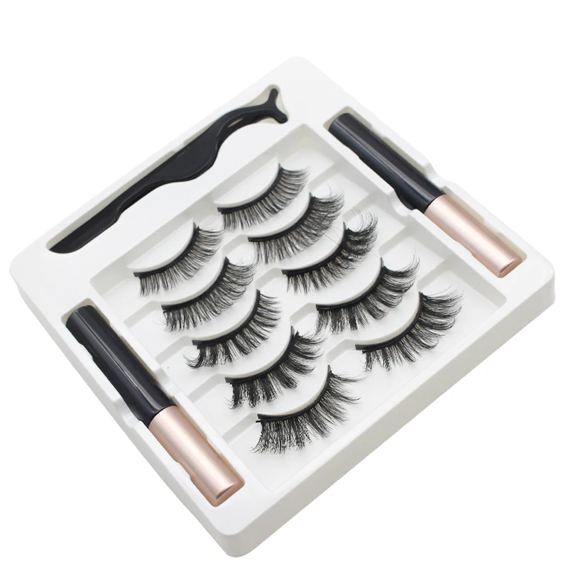 Fake Eyelashes AILEISHI 5 Pairs 3D Magnetic Eyelashes Magnet Eyeliner Handmade Fake lashes Waterproof Liquid Long Lasting Eyelashes Set Makeup