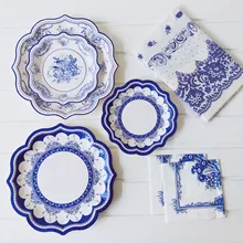 Ретро Цветочный китайский стиль синий и белый бумага имитирующая фарфор тарелки для вечеринки свадебное кружевное блюдо одноразовая тарелка 1 шт. скатерть