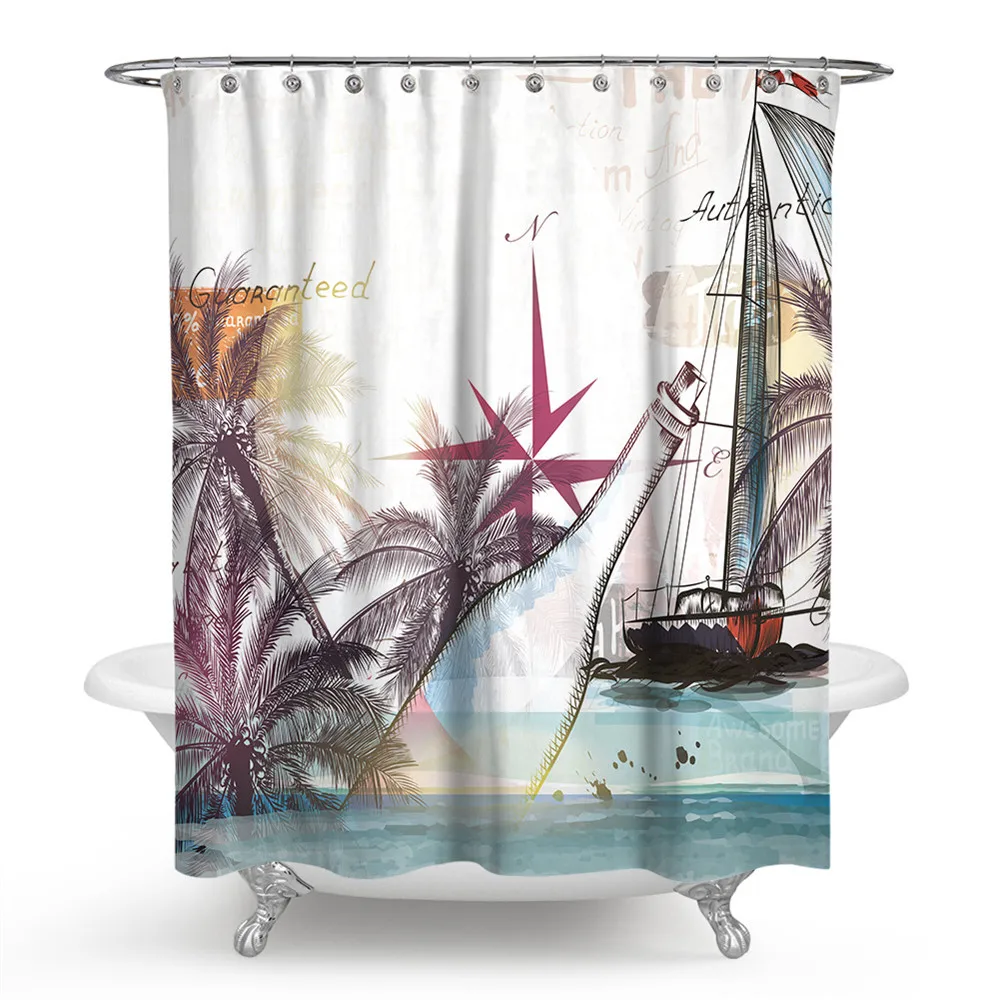 Nautical Shower Curtain Sail Old Boat Sketch Ship Wheel Compass Anchor Marine Bathroom Set With Hooks | Дом и сад