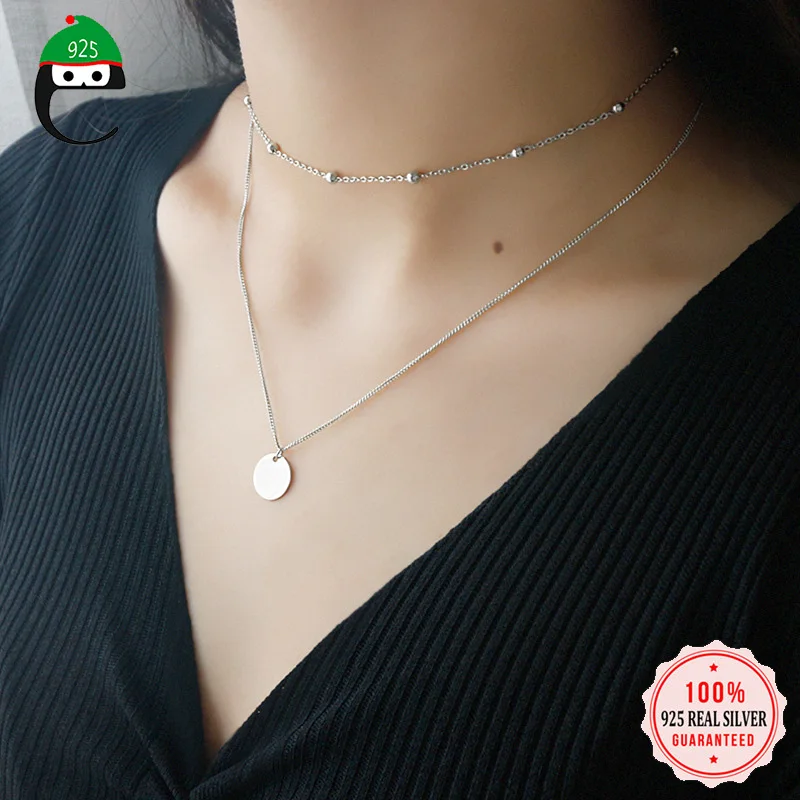 

ElfoPlataSi 925 Sterling Silver Round Brads Shape Double Layers Choker Necklaces Pendant For Women Silver Jewelry Making ED344