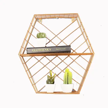 

Simple Wrought Iron Hexagonal Shelf Modern Creative Double-layer Grid Storage Rack Wall Decorations Home Decoration Accessories