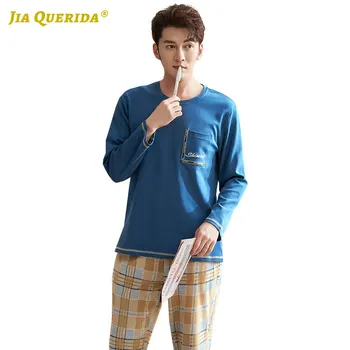 

Blue Top New Soft Long Sleeve Long Pants Sleepwear Fashion Style Casual Style Homesuit Homeclothes 100% Cotton Plaid Printing