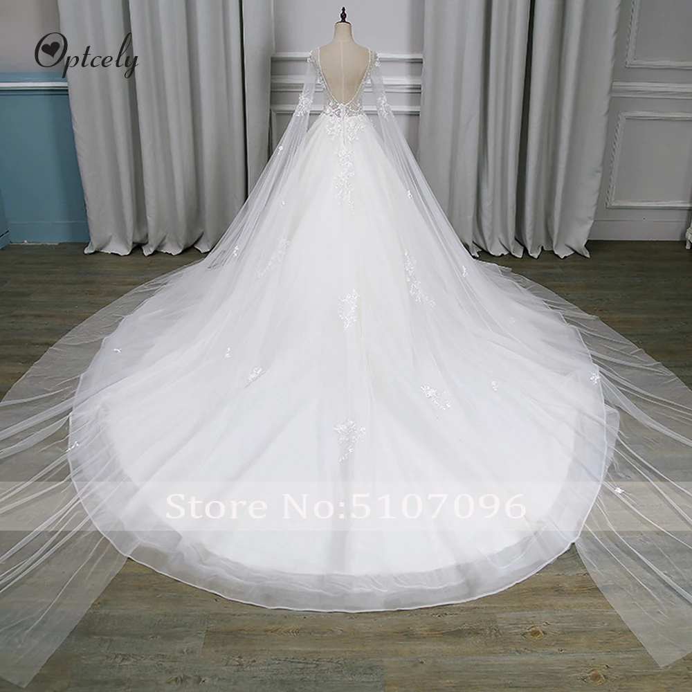 Optcely Hot Sale Sexy V-neck 4m Long Sleeve A-Line Wedding Dress New Appliques Beaded Backless Bridal Gown Vestido De Noiva