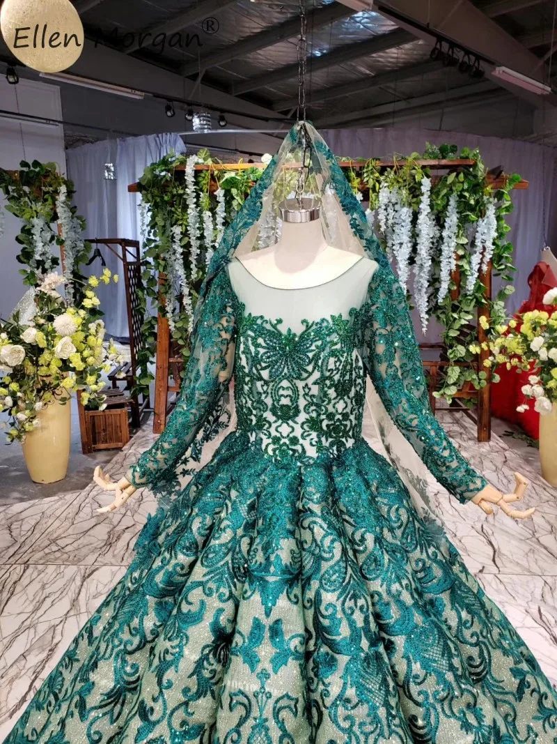 Muslim Dark Green Lace Puffy Wedding Dresses Long Sleeves Boat Neck Applique Floor Length Bridal Ball Gowns Vestidos De Novia