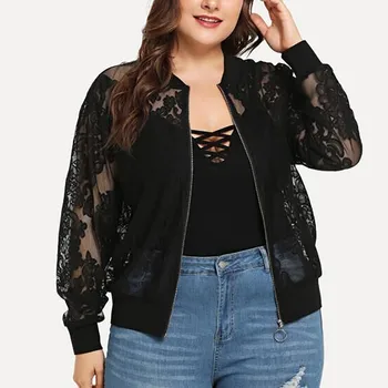 

Plus Size Womens jacket Solid Lace Loose Top Baseball Basic Jacket Coat Bomber Jacket Outwear Zipper Abrigo de mujer 2020