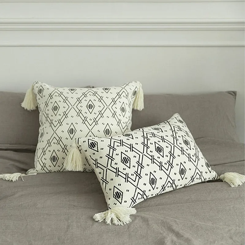 Black White Geometric Home Decor Pillow Cover with Tassles Rhombus Print Cushion Case Sham 45x45cm/30x50cm | Дом и сад