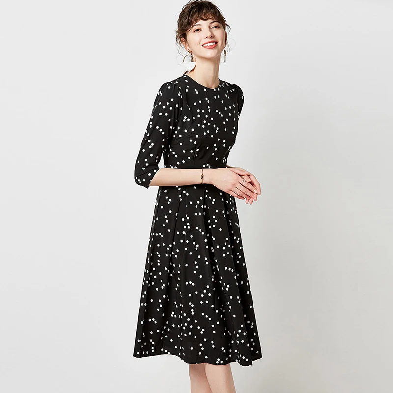 Женское винтажное платье в горошек, осень, элегантное офисное платье с рукавом три четверти, Повседневное платье с круглым вырезом, плиссированное платье-туника миди