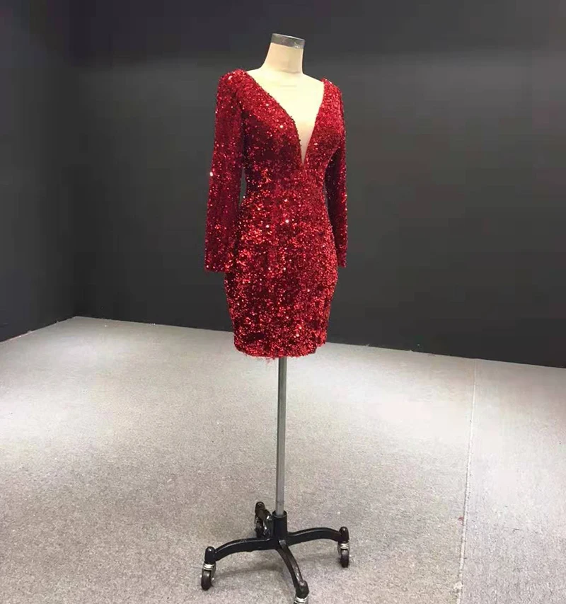 J67003 jancember короткое платье с v-образным вырезом, длинное блестящее красное элегантное платье с блестками