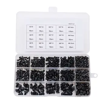 

480Pcs M2 M2.5 M3 Alloy Steel Black Hexagon Socket Button Head Screw Furniture Mushroom Cap Bolts Kit