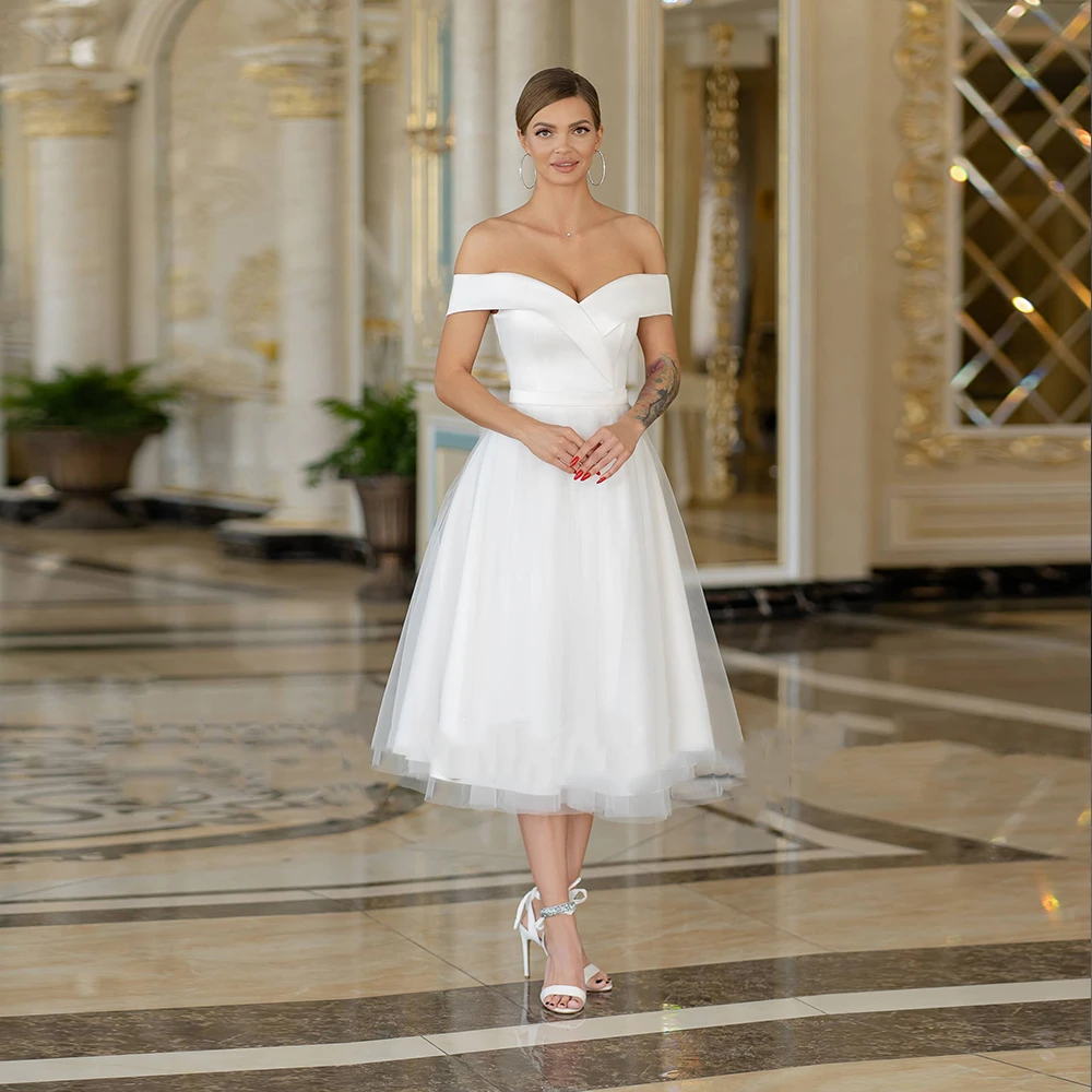 Elegant White Wedding Dress Short Tea Length Off Shoulder Civil Bridal Party Gown For Woman Corset Lace Up Robe De Mariage 2021 dresses for wedding