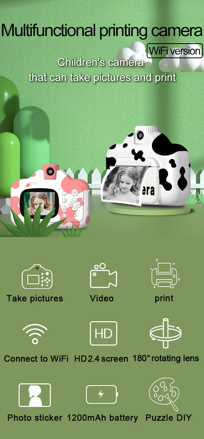 HD Children Camera Instant Print Camera for Kids Film Camera with Thermal Photo Paper Wifi Toys Camera for Birthday Gifts small digital camera