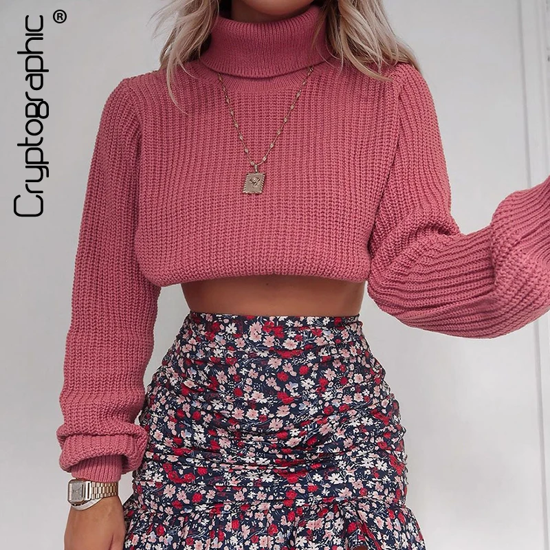 

Cryptographic Autumn Winter Turtleneck Knitted Sweaters Pullovers Long Sleeve Crop Top cropped Sweater Sueter Mujer Jumper