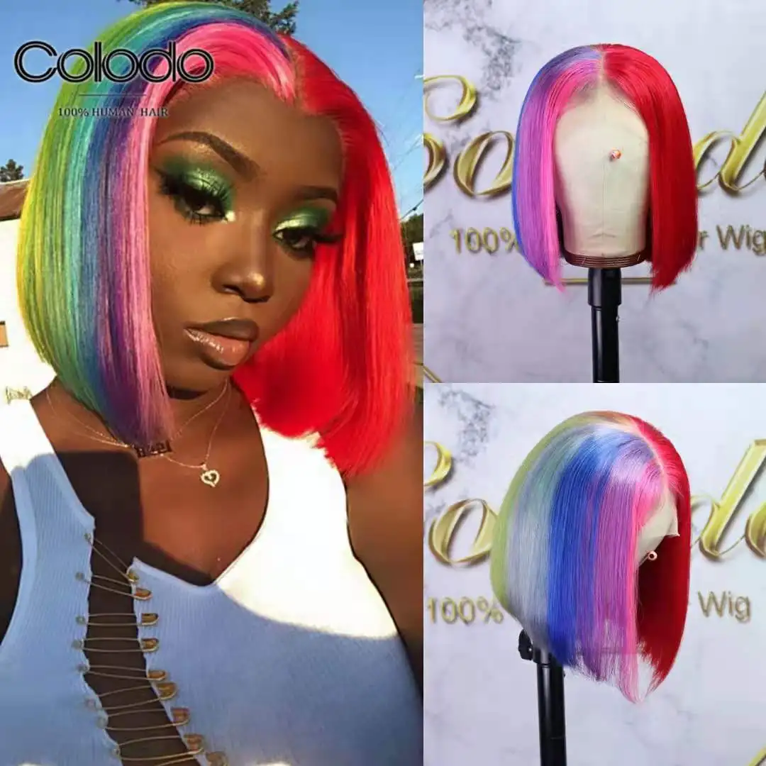 COLODO Half Red Rainbow Lace Front Wigs Brazilian Preplucked Wig Glueless Short Bob Human Hair For Women | Шиньоны и парики