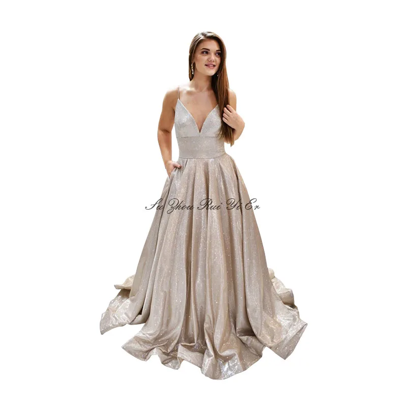 

Sparkly V-neck Prom Dresses Spaghetti Straps Formal Evening Gown A-line Long Dress For Party Vestidos De Fiesta
