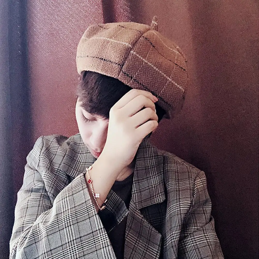 Kuulee Beret Lady Retro Plaid Beret Double Layer Painter Cap Autumn Winter Warm Berets super comfortable