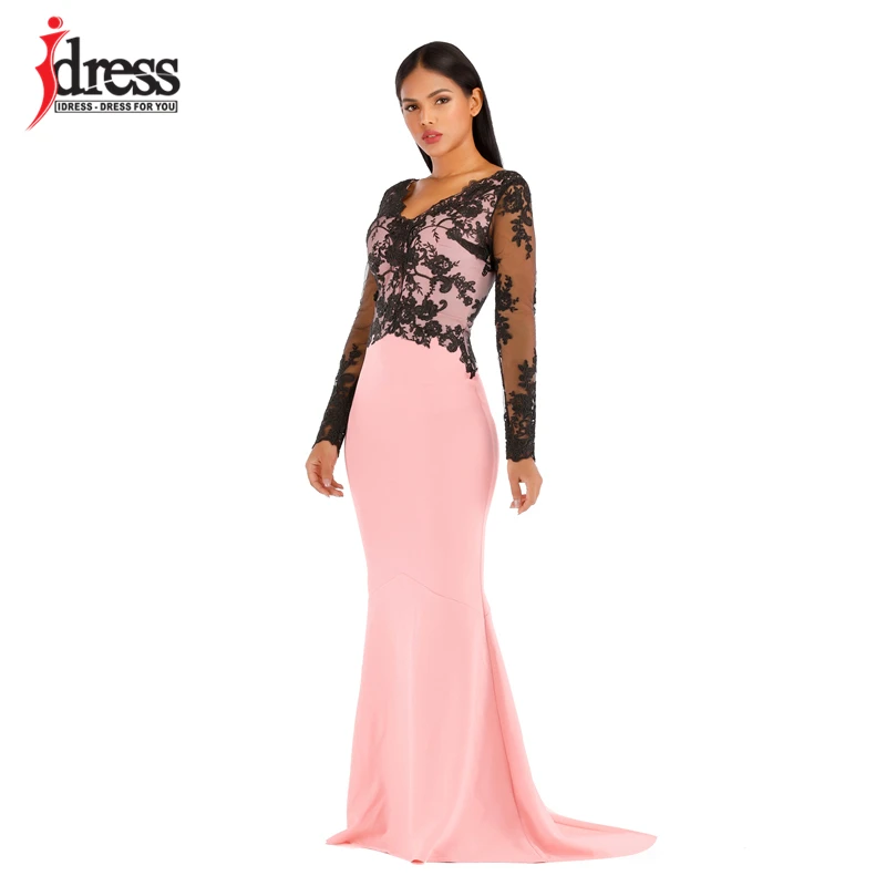 IDress High Quality Elegant V Neck Evening Mermaid Wedding Party Dress Sexy Lace Patchwork Dress Full-Length Maxi Long Dress (1)