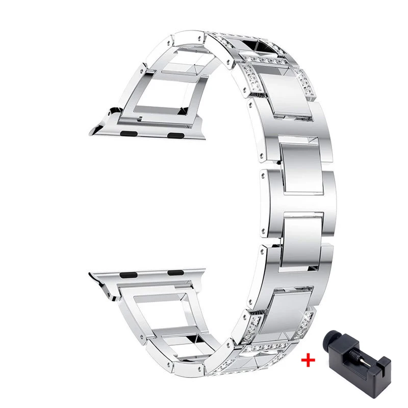 Silver Ремешок из нержавеющей стали для Apple watch band 5 4 44 мм 40 мм Алмазный Браслет correa Iwatch 3 2 8 мм 42 мм аксессуары для Apple Watch 4 - Цвет ремешка: Silver