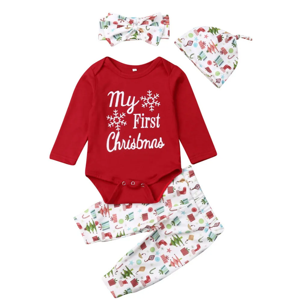 Рождественская одежда для малышей, 4 предмета, зимние комплекты, комбинезон с буквенным принтом, штаны с героями мультфильмов, новогодние вечерние комплекты одежды для маленьких мальчиков и девочек, 19Ot - Цвет: Red