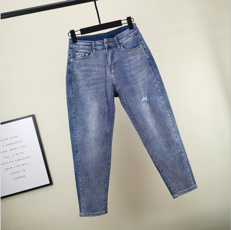 New Diamond Cross-pants Jeans Spring Autumn Hole High Waist Jeans Streetwear Women Loose Ankle-Length Pants