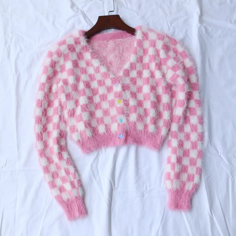 Сексуальный розовый клетчатый кардиган до талии, Женское пальто, Осень-зима, вязаный свитер и кардиганы, короткая куртка, Harajuku, уличная одежда