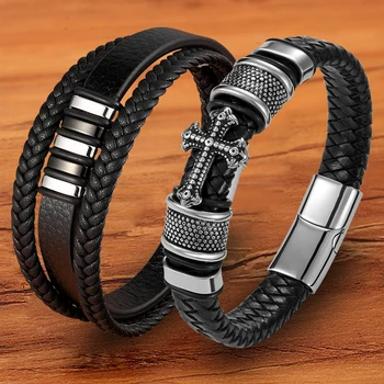 

Trendy Designer Stainless Steel Rope Woven Magnetic Genuine Leather Black Bracelet for Men Cross Braided Jewelry Accessories