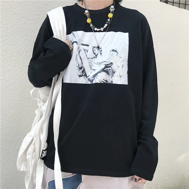 

Lychee Harajuku Dark Angel Statue Print Women T-Shirts Autumn Crew Neck Women T Shirt Top Tees Loose Lady T-shirt Top Tees