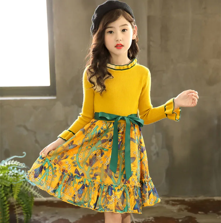 New Spring Princess Baby Girls dresses kids Long Sleeve Dresswith Leaves+Sweater 2Pcs Infants Girls Clothing Sets 3-13Y - Цвет: Yellow