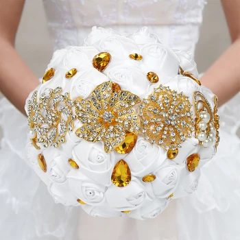 

Hand made Flower Artificial Wedding Bouquet Diamond Bridal Brooch Satin Rose Flower with Rhinestone Artificial Pearls for Bride