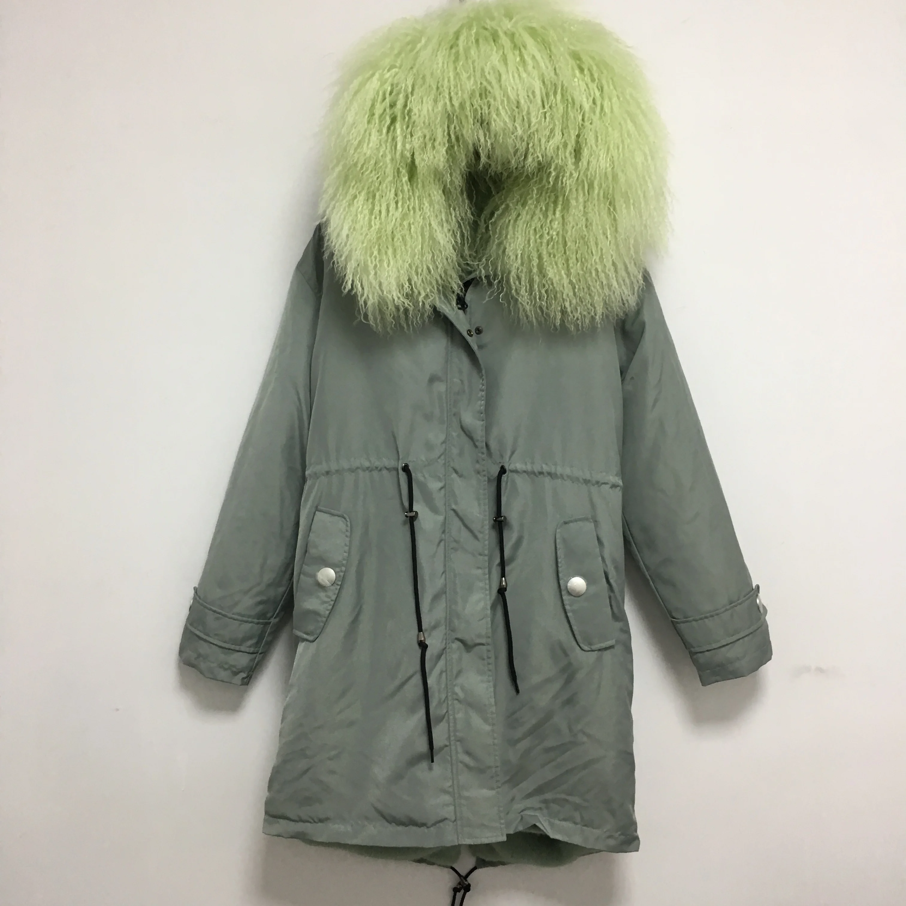 Verse avocado kleur fashion design stijl vrouwen echte bont gevoerd winter jas voor vakantie