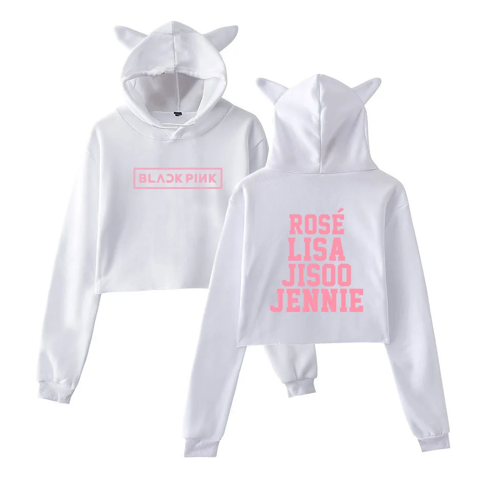 Сексуальные милые женские толстовки с длинным рукавом BlackPink Hip Одежда Harajuku для девочек короткий флисовый топ с капюшоном