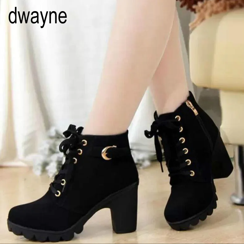 

2019 New Autumn Winter Women Boots High Quality Solid Lace-up European Ladies shoes PU Fashion high heels Boots 869io