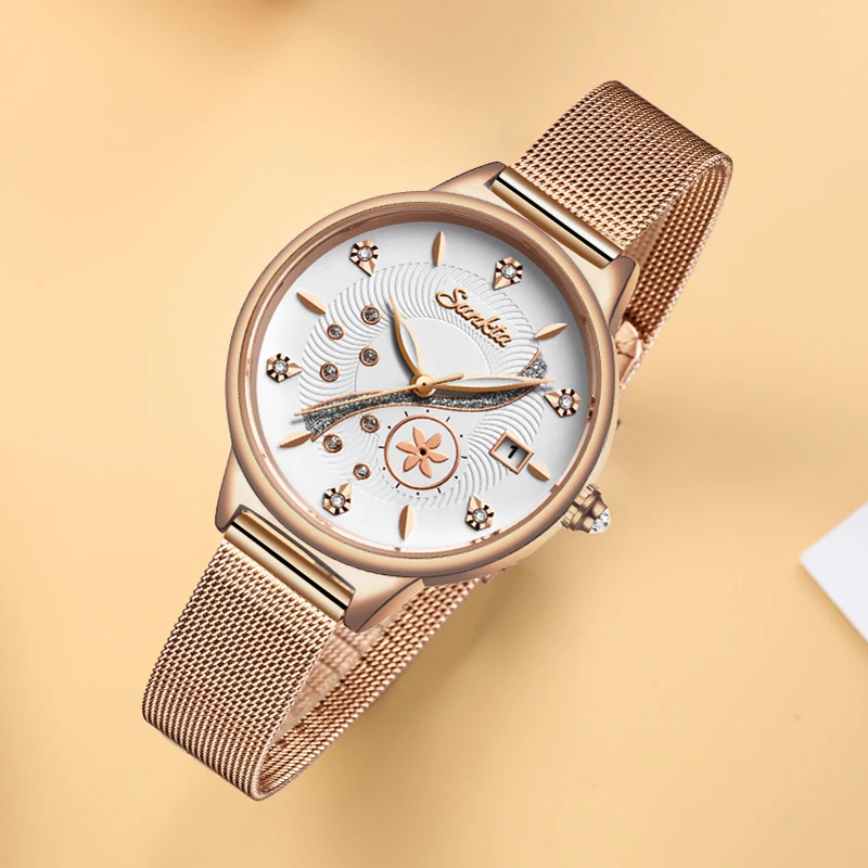 Часы наручные SUNKTA женские кварцевые брендовые роскошные из розового золота