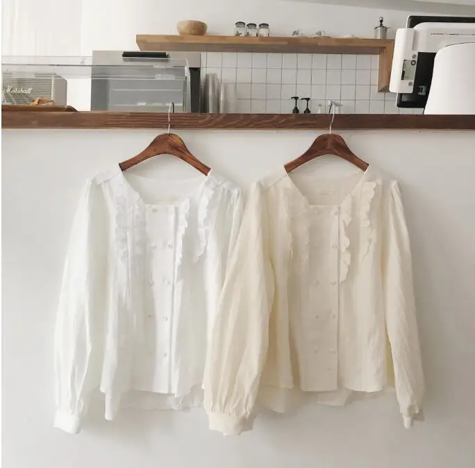 Сладкий квадратный вырез Топ с длинным рукавом рюшами кружевные рубашки белые топы Женская рубашка